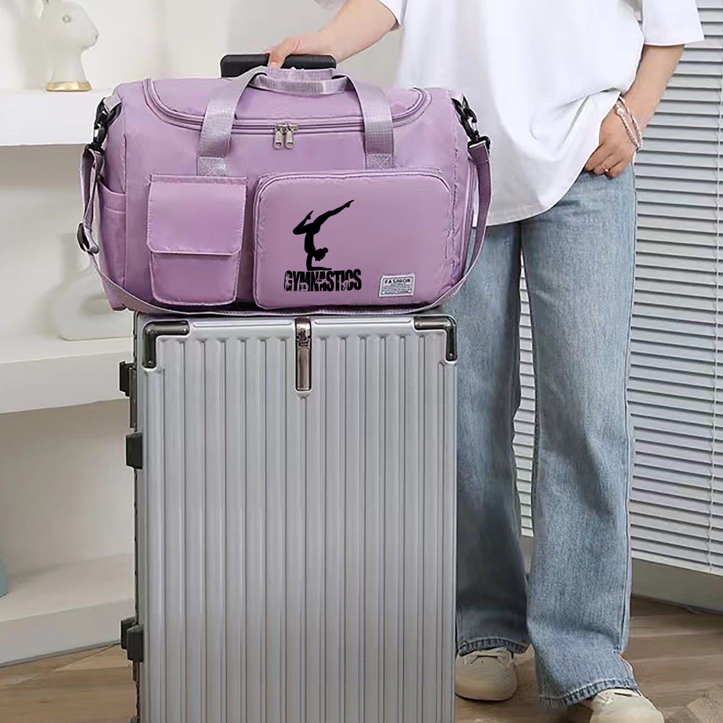 Sac de sport de fitness multifonctionnel imprimé gymnaste - Sac de voyage en nylon léger de grande capacité avec compartiment humide/sec, pour femmes et hommes, durable