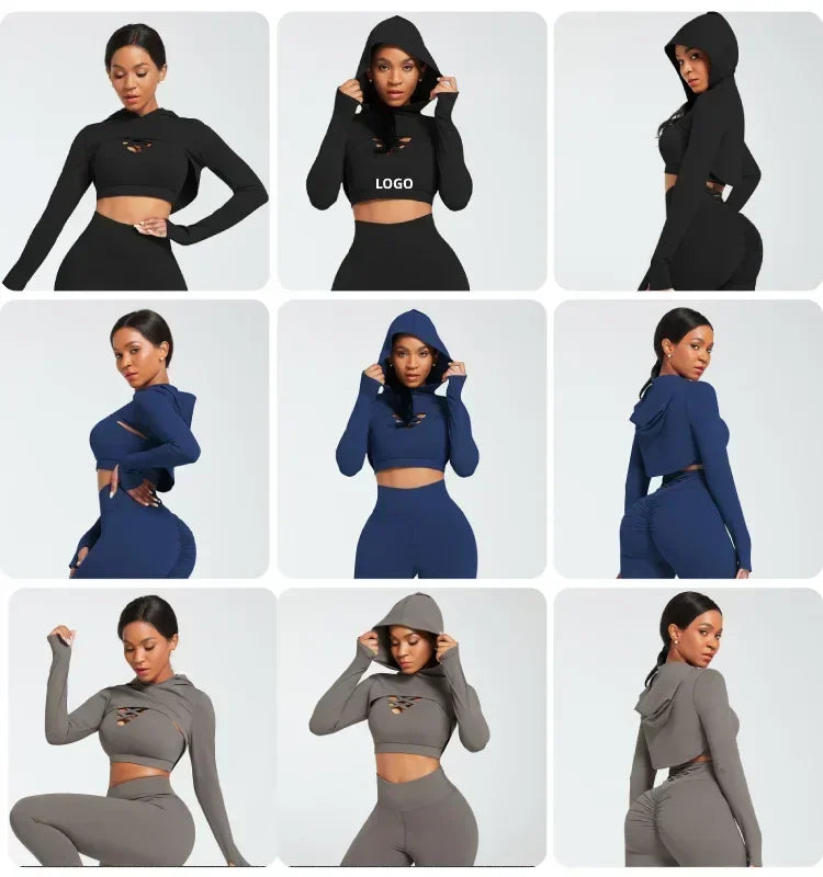 Ensemble de yoga 3 pièces pour femme, vêtements à manches longues, sweat à capuche.