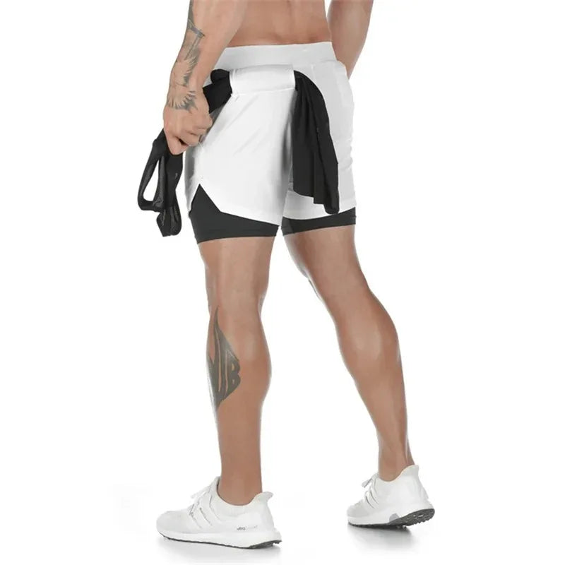 Short de course 2 en 1 pour homme, short de compression pour entraînement de gym, avec poche pour téléphone, et boucle pour serviette.