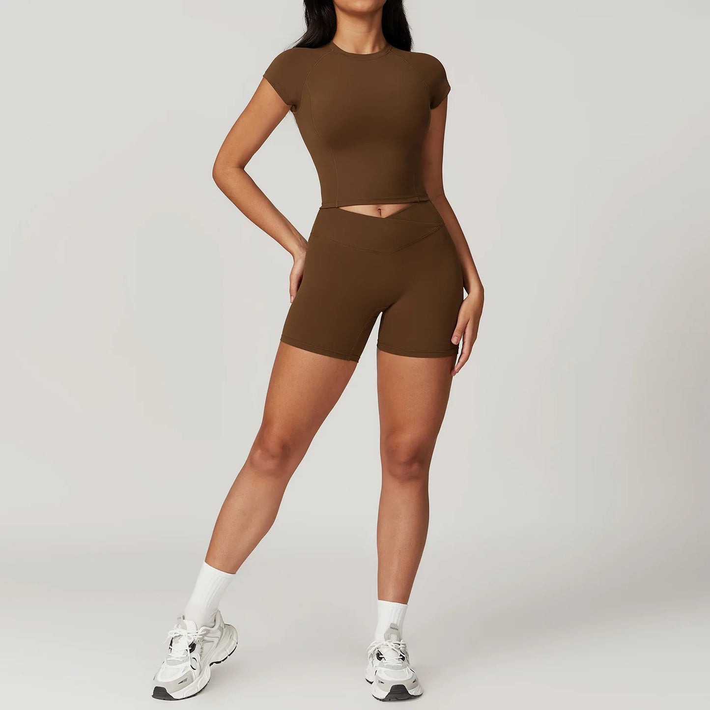 Ensemble de sport 2 pièces pour femme, haut court à manches courtes, leggings taille haute, vêtements de sport, de fitness