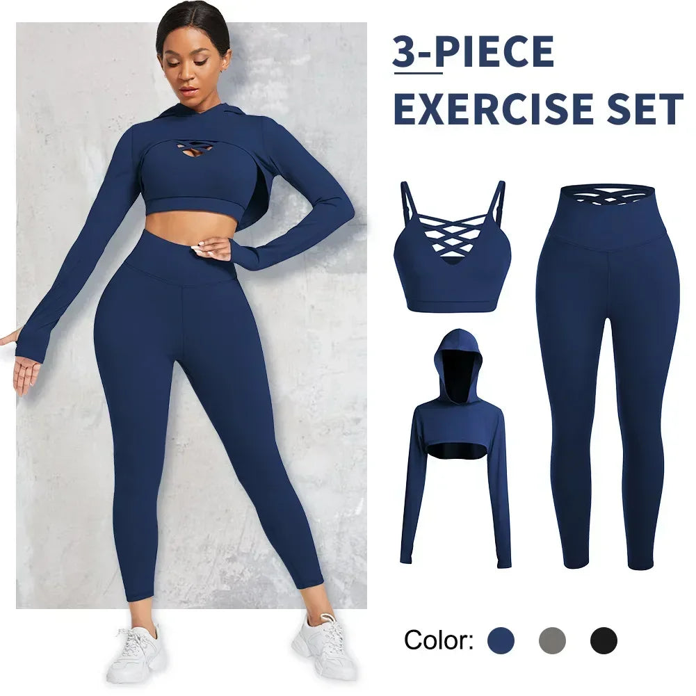 Ensemble de yoga 3 pièces pour femme, vêtements à manches longues, sweat à capuche.