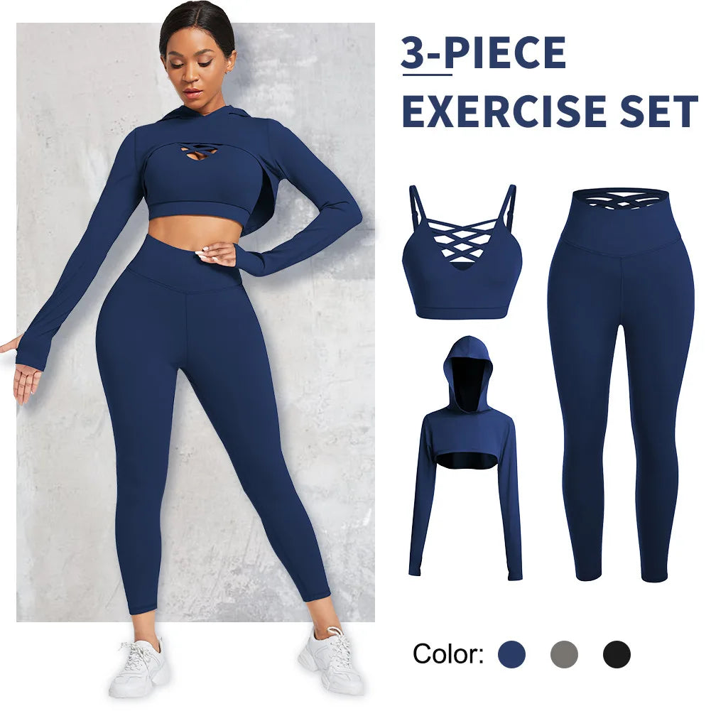 Ensemble de yoga 3 pièces pour femme, vêtements à manches longues, sweat à capuche.