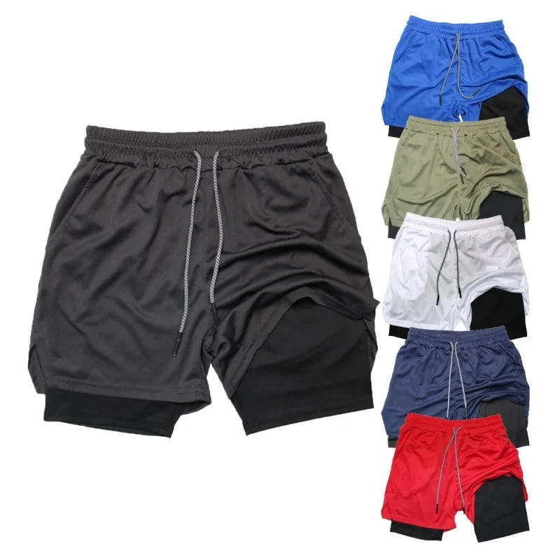 Short de course 2 en 1 pour homme, short de compression pour entraînement de gym, avec poche pour téléphone, et boucle pour serviette.