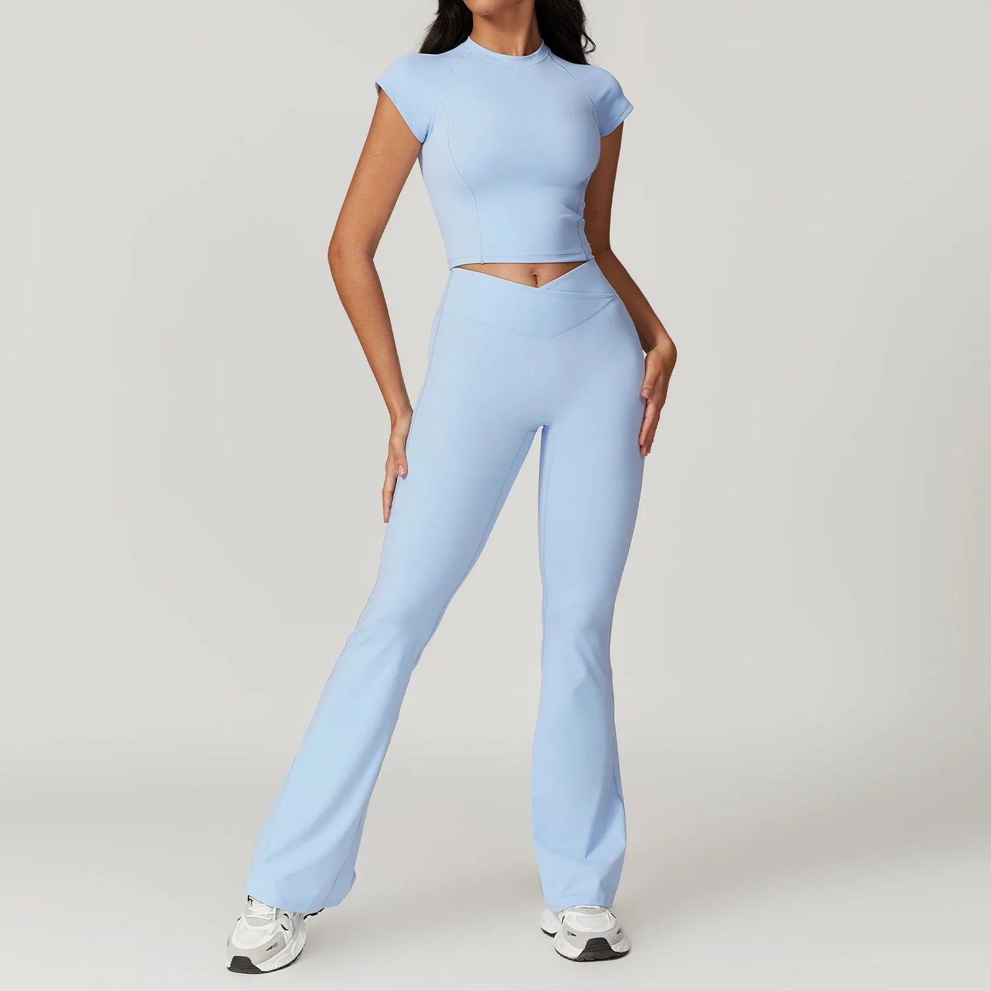 Ensemble de sport 2 pièces pour femme, haut court à manches courtes, leggings taille haute, vêtements de sport, de fitness
