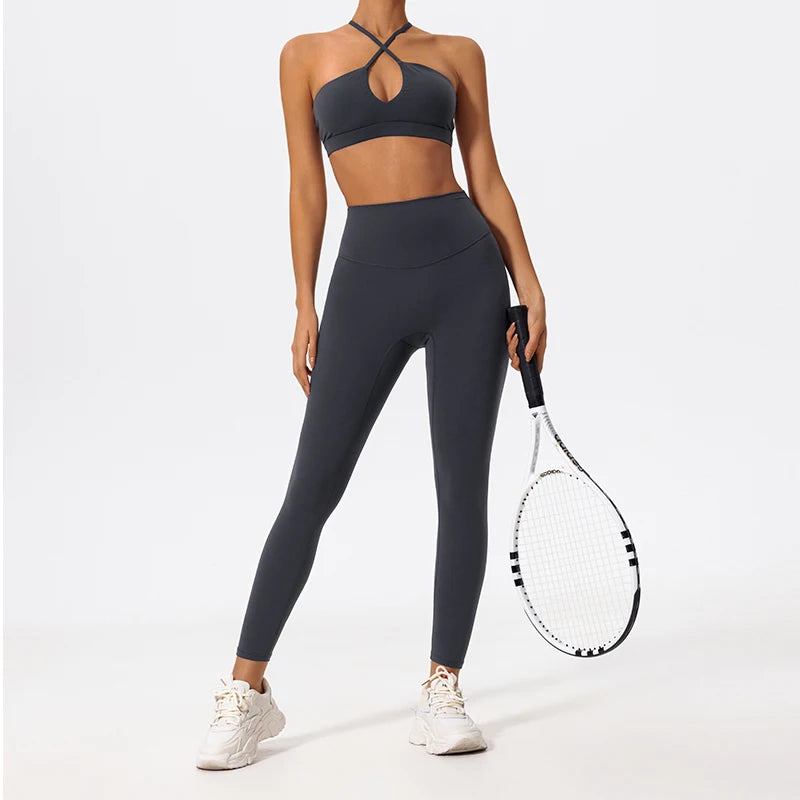 Ctenkevet Ensemble de sport deux pièces pour femme, vêtements de yoga croisés sur la poitrine, soutien-gorge bandeau.