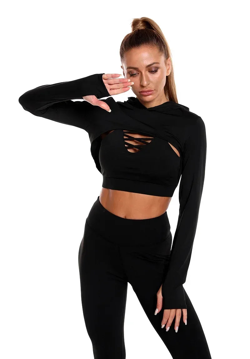 Ensemble de yoga 3 pièces pour femme, vêtements à manches longues, sweat à capuche.