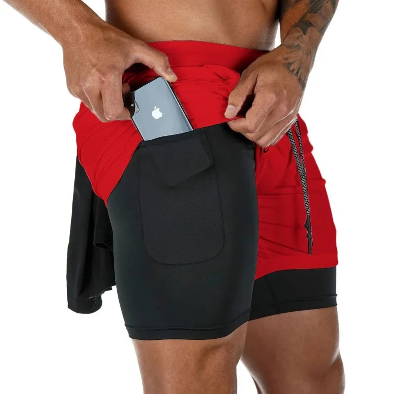 Short de course 2 en 1 pour homme, short de compression pour entraînement de gym, avec poche pour téléphone, et boucle pour serviette.