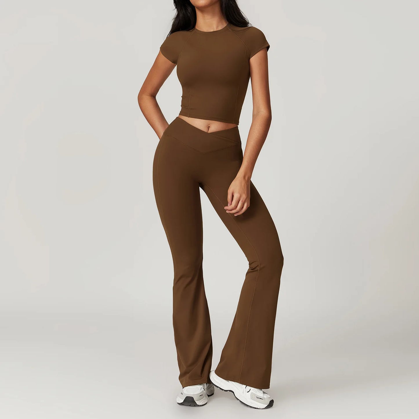 Ensemble de sport 2 pièces pour femme, haut court à manches courtes, leggings taille haute, vêtements de sport, de fitness