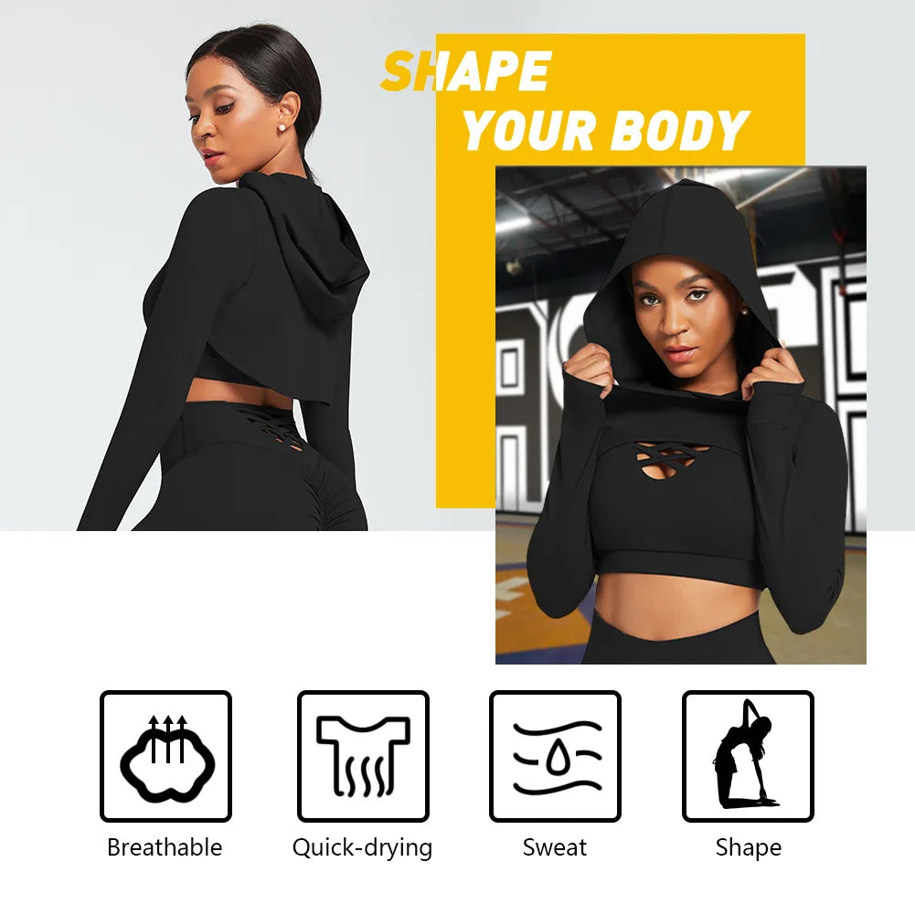 Ensemble de yoga 3 pièces pour femme, vêtements à manches longues, sweat à capuche.