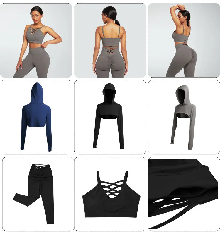 Ensemble de yoga 3 pièces pour femme, vêtements à manches longues, sweat à capuche.