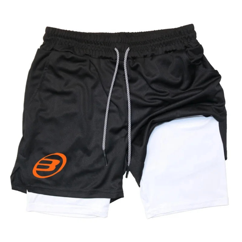 Short de course 2 en 1 pour homme, short de compression pour entraînement de gym, avec poche pour téléphone, et boucle pour serviette.