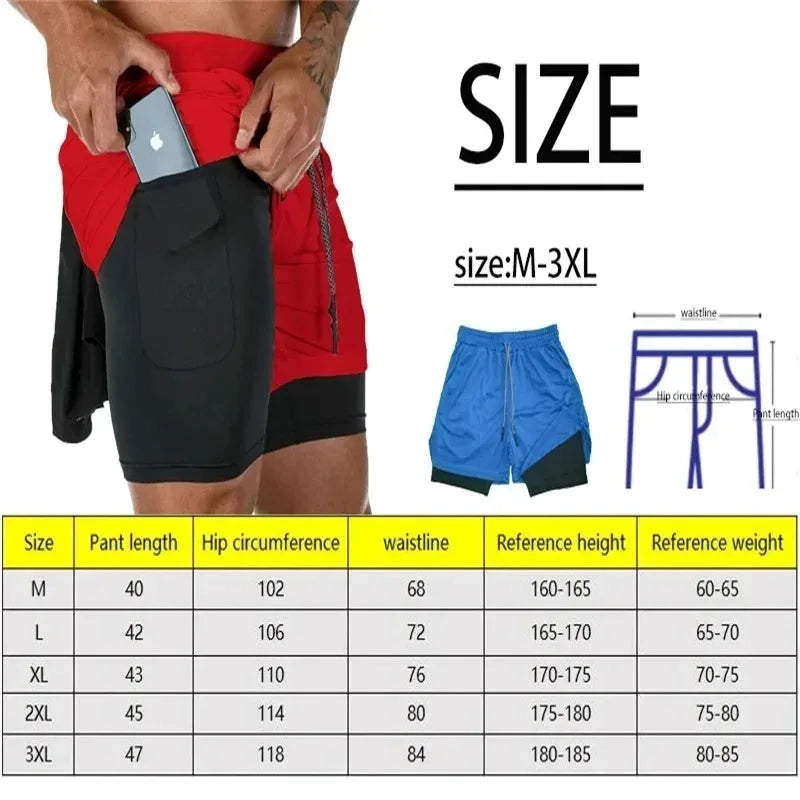Short de course 2 en 1 pour homme, short de compression pour entraînement de gym, avec poche pour téléphone, et boucle pour serviette.