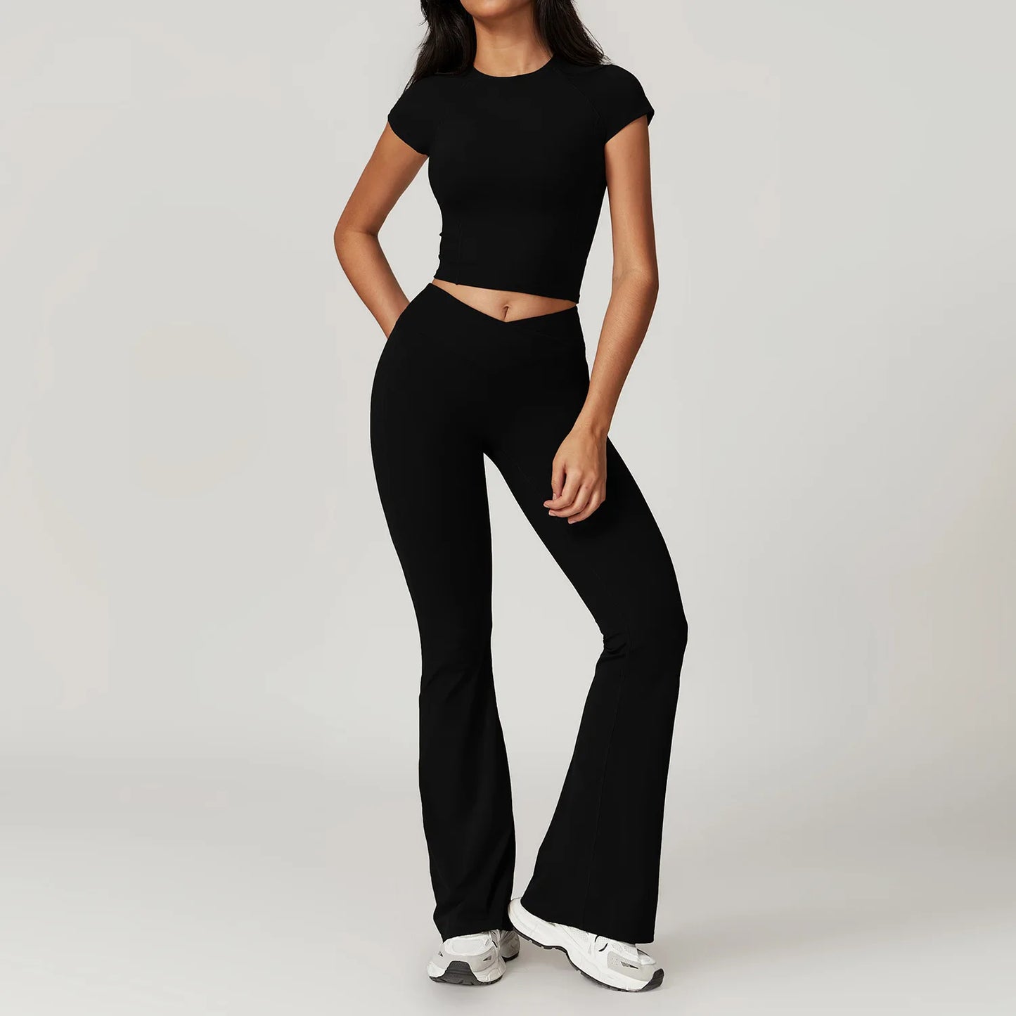 Ensemble de sport 2 pièces pour femme, haut court à manches courtes, leggings taille haute, vêtements de sport, de fitness