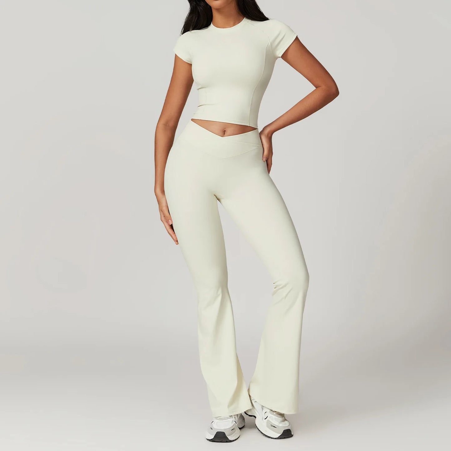 Ensemble de sport 2 pièces pour femme, haut court à manches courtes, leggings taille haute, vêtements de sport, de fitness