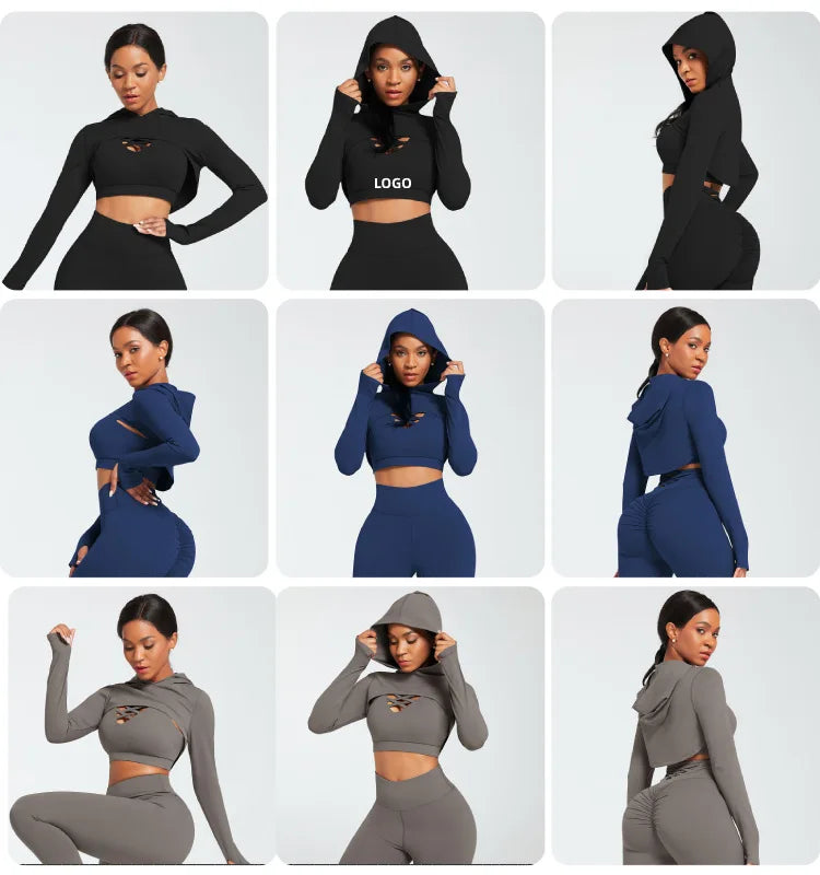 Ensemble de yoga 3 pièces pour femme, vêtements à manches longues, sweat à capuche.