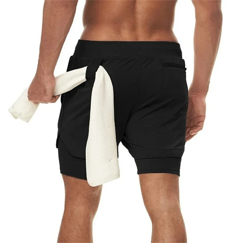 Short de course 2 en 1 pour homme, short de compression pour entraînement de gym, avec poche pour téléphone, et boucle pour serviette.