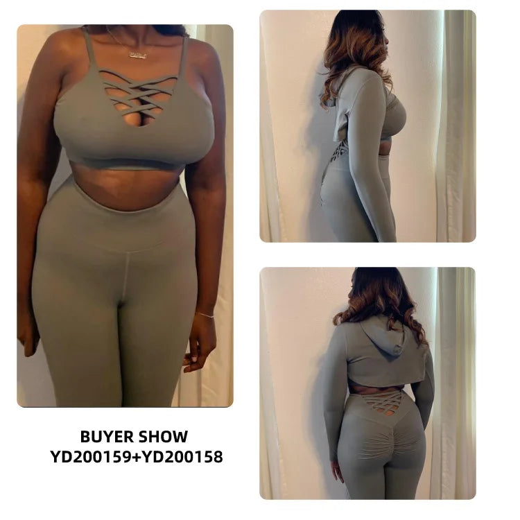 Ensemble de yoga 3 pièces pour femme, vêtements à manches longues, sweat à capuche.