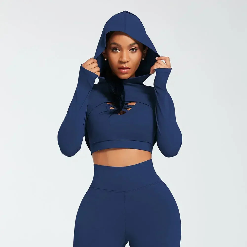 Ensemble de yoga 3 pièces pour femme, vêtements à manches longues, sweat à capuche.