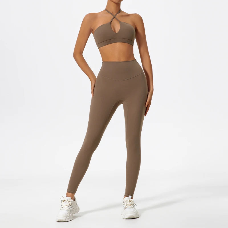 Ctenkevet Ensemble de sport deux pièces pour femme, vêtements de yoga croisés sur la poitrine, soutien-gorge bandeau.