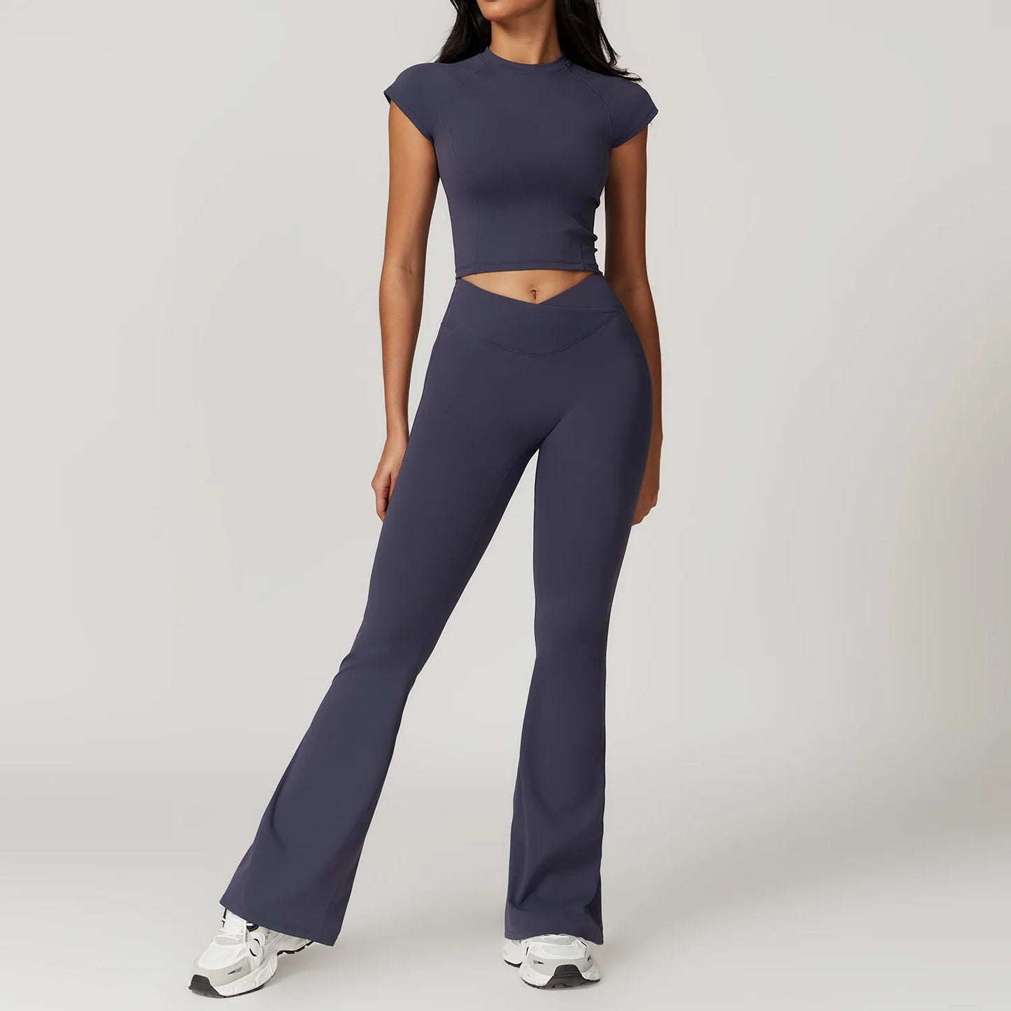 Ensemble de sport 2 pièces pour femme, haut court à manches courtes, leggings taille haute, vêtements de sport, de fitness