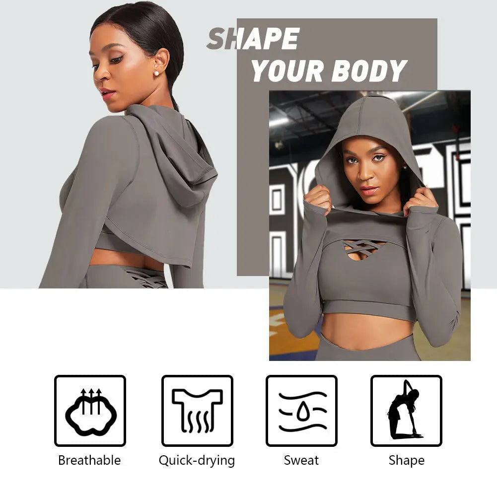 Ensemble de yoga 3 pièces pour femme, vêtements à manches longues, sweat à capuche.