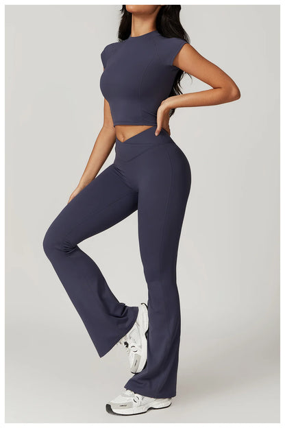 Ensemble de sport 2 pièces pour femme, haut court à manches courtes, leggings taille haute, vêtements de sport, de fitness