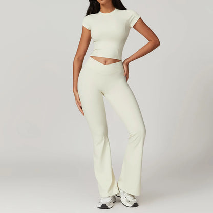 Ensemble de sport 2 pièces pour femme, haut court à manches courtes, leggings taille haute, vêtements de sport, de fitness
