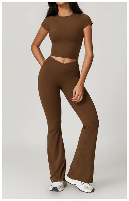 Ensemble de sport 2 pièces pour femme, haut court à manches courtes, leggings taille haute, vêtements de sport, de fitness