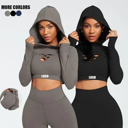 Ensemble de yoga 3 pièces pour femme, vêtements à manches longues, sweat à capuche.