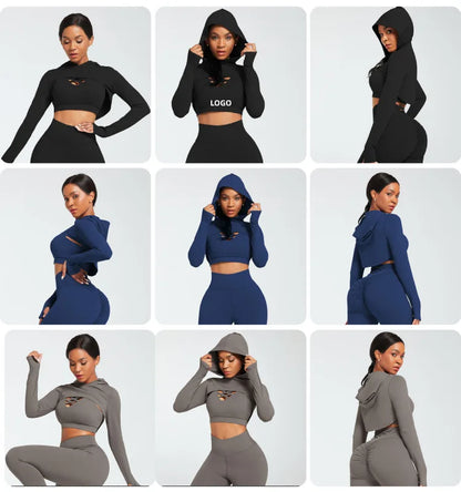 Ensemble de yoga 3 pièces pour femme, vêtements à manches longues, sweat à capuche.
