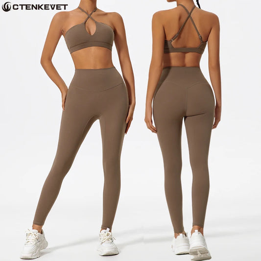Ctenkevet Ensemble de sport deux pièces pour femme, vêtements de yoga croisés sur la poitrine, soutien-gorge bandeau.