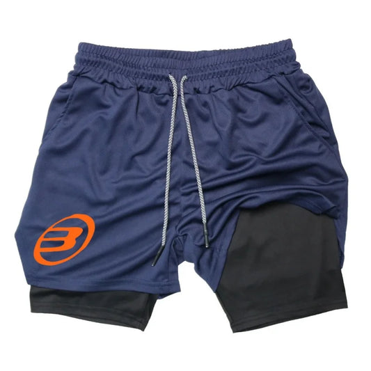 Short de course 2 en 1 pour homme, short de compression pour entraînement de gym, avec poche pour téléphone, et boucle pour serviette.