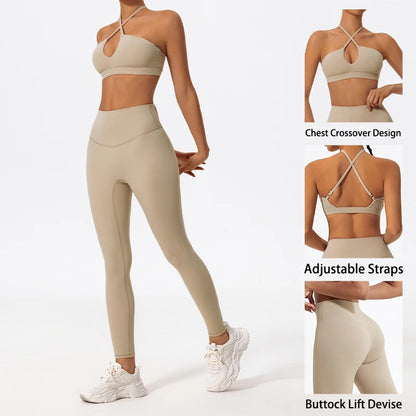 Ctenkevet Ensemble de sport deux pièces pour femme, vêtements de yoga croisés sur la poitrine, soutien-gorge bandeau.